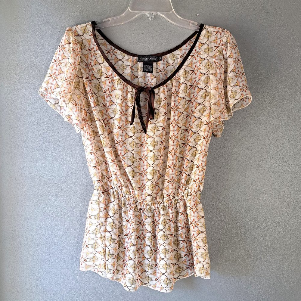 Rampage - Cream Brown Orange Short Sleeve Top, Size Medium